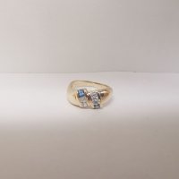 Златен пръстен с циркони и аквамарин , снимка 5 - Пръстени - 39662688