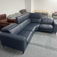 Син ъглов кожен диван с електрически релаксиращ механизъм, снимка 6 - Дивани и мека мебел - 39711931