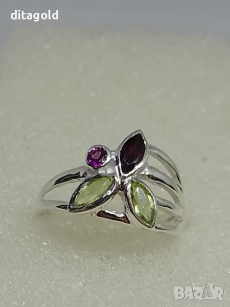 Нов сребърен пръстен 925 с естествени камъни перидот, гранат, розов турмалин, снимка 1