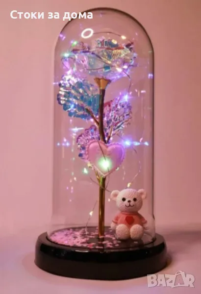 За Свети Валентин Романтична стъкленица с роза, мече и LED светлини, снимка 1