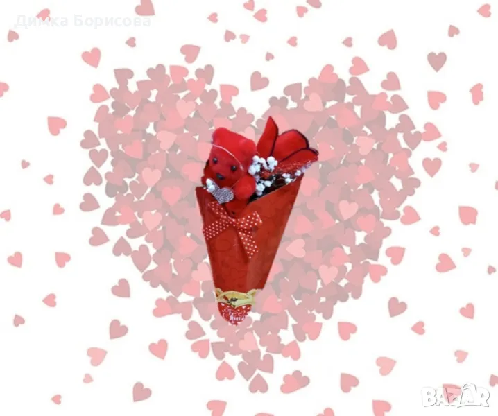 Романтичен букет с мече и червени рози, снимка 1