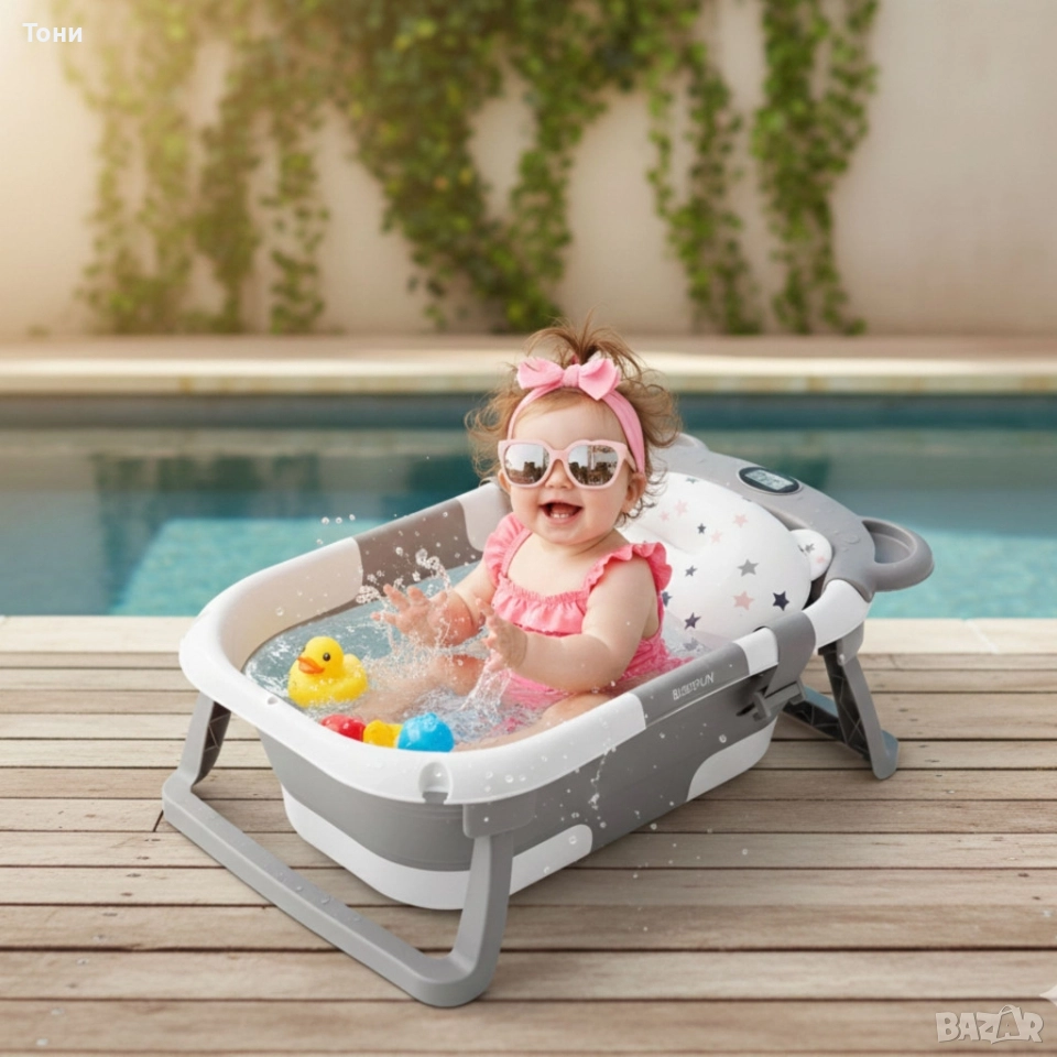 Сгъваема бебешка вана с термометър и възглавница, снимка 1
