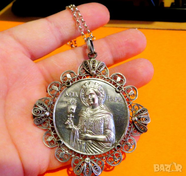 Възрожденска Сребърна икона, амулет, накит, медальон с Варвара - Панагия 70 мм  сребро, снимка 1