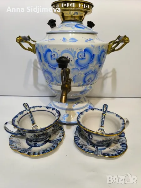Гжель самовар и двоен сет за чай, снимка 1