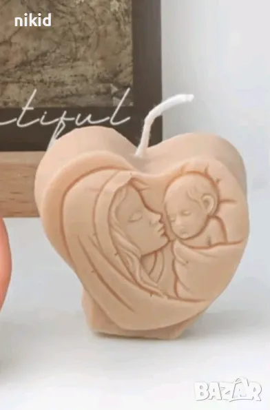 Майка с бебе Дева Мария с Иисус в сърце дълбок силиконов молд форма фондан шоколад гипс свещ сапун, снимка 1