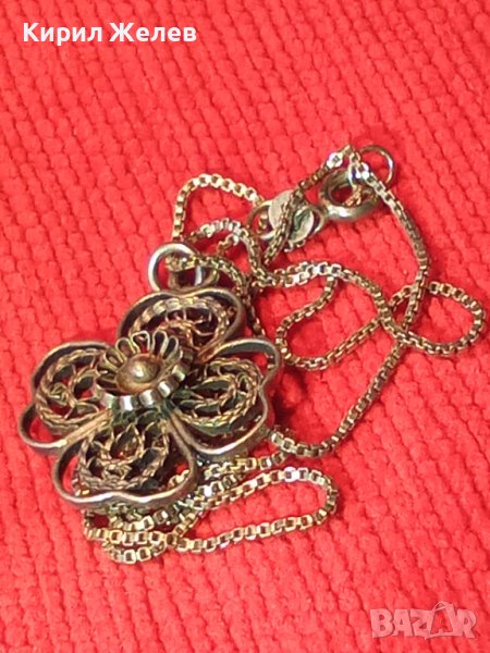 СТАРИНЕН ФИЛИГРАНЕН СРЕБЪРЕН МЕДАЛЬОН ЧЕТИРИЛИСТНА ДЕТЕЛИНА с ВЕРИЖКА от СРЕБРО 925 РЕТРО БИЖУ 34432, снимка 1