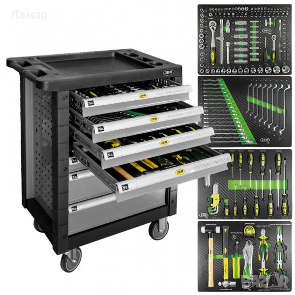 Оборудвана инструментална количка с 7 чекмеджета - 172 части, снимка 1