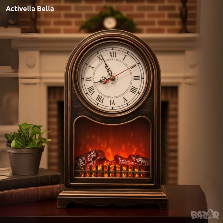 Винтидж настолен часовник с LED камина – уют и стил в едно, снимка 1