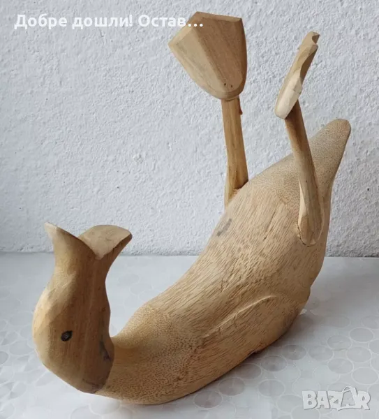 Дървена патка по гръб, забавна птица, дърворезба, от дърво, не е малка, фигура пластика статуетка, снимка 1