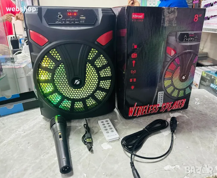 Караоке тонколона KTS-1090F, 8", активна, вграден усилвател, 1 жичен микрофон, ДУ, 10W, снимка 1