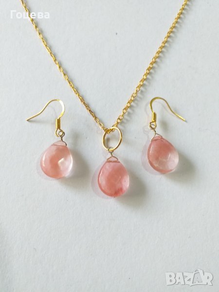 Прелестен комплект бижута обици и колие с красиви камъни Черешов кварц , снимка 1