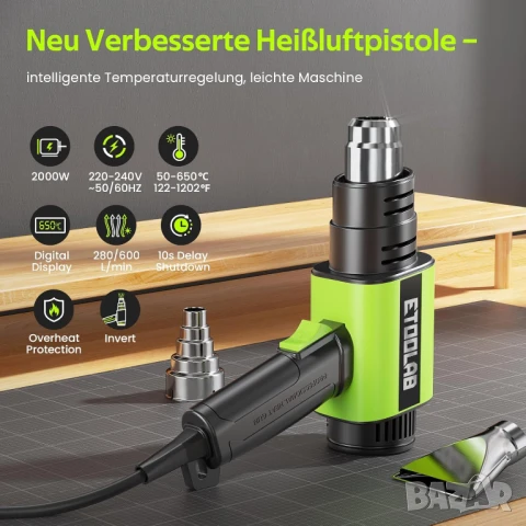 Пистолет за горещ въздух ETOOLAB 2000W темп 50-650°C с LCD дигитален дисплей, снимка 5 - Други инструменти - 50997365