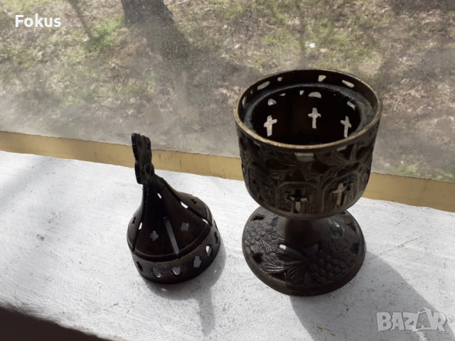 Старо бронзово настолно кандило кадило тамянник, снимка 3 - Антикварни и старинни предмети - 51498397