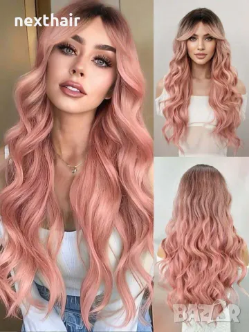 Розова омбре чуплива перука с дълъг бретон и тъмни корени, снимка 2 - Аксесоари за коса - 50192517