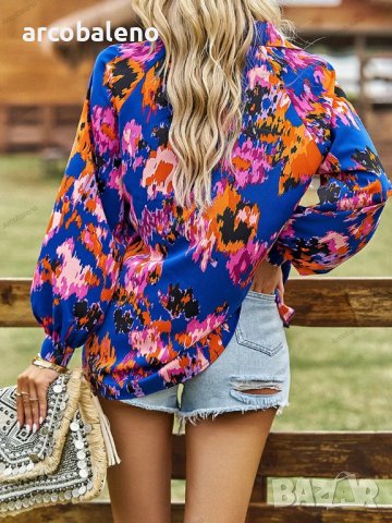 Дамска блуза с флорален принт и V-образно деколте, 4цвята - 023, снимка 17 - Блузи с дълъг ръкав и пуловери - 42038517