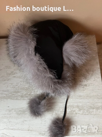 Дамска черна пухена шапка с ушанки и сив косъм ❤️, снимка 2 - Шапки - 52859601