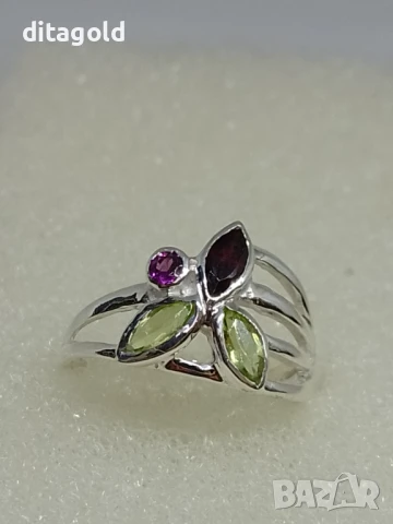 Нов сребърен пръстен 925 с естествени камъни перидот, гранат, розов турмалин, снимка 1