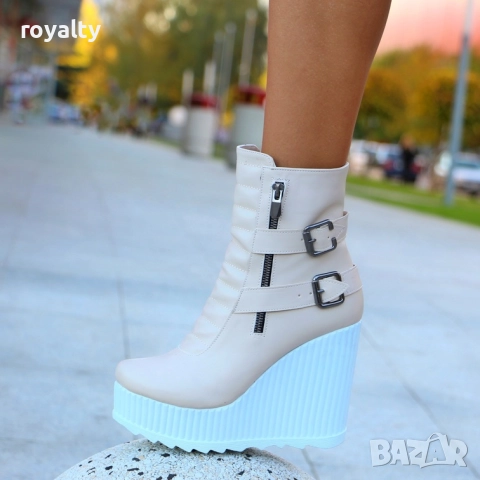 Боти на платформа - бежова кожа с бяло ходило, снимка 4 - Дамски боти - 52162434