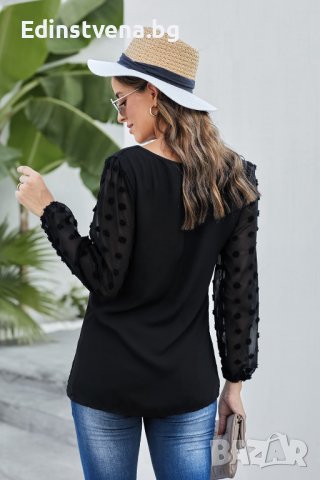 Дамски елегантен топ в черно с ръкави на точки, снимка 3 - Блузи с дълъг ръкав и пуловери - 39581226