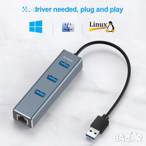 USB 3.0 хъб, TechRise 3-портов USB хъб за данни с 10/100/1000Mbps Gigabit Ethernet адаптер, снимка 3 - Мрежови адаптери - 35471261