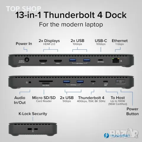 Plugable докинг станция Thunderbolt 4, един 8K или два 4K HDMI, 100 W, снимка 7 - Захранвания и кутии - 49457646