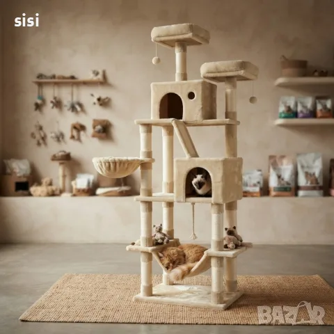 Технически характеристики на Драскалка за котки Beige 206 см – XXLкатерушка с 2 къщички, хамак и пл, снимка 3 - За котки - 55851150