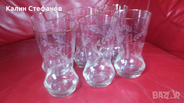 Ретро чаши за безалкохолно, ръчна гравюра, златен кант, 6 бр, снимка 5 - Чаши - 54173589