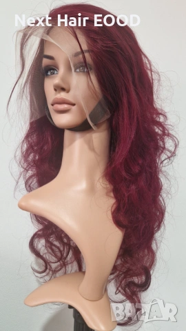 Естествена бразилска перука 75 см - тъмно червена, чуплива, дантелена зона 13x6, снимка 4 - Аксесоари за коса - 53294762