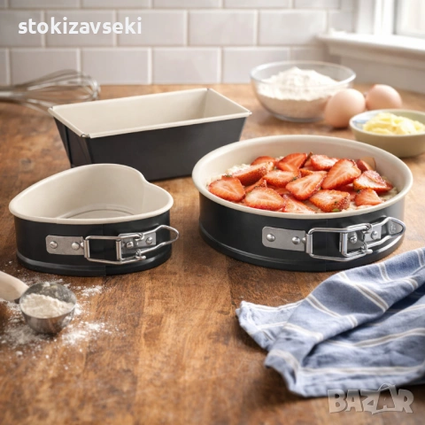 Комплект мини форми за печене Exclusive“ (3 части) – керамично покритие, сърце и подвижен ръб