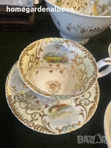Антика Coalport England Circa 1827 – Порцеланова чаша с чинийка | Ръчно рисувани пейзажи, снимка 6 - Декорация за дома - 54059981