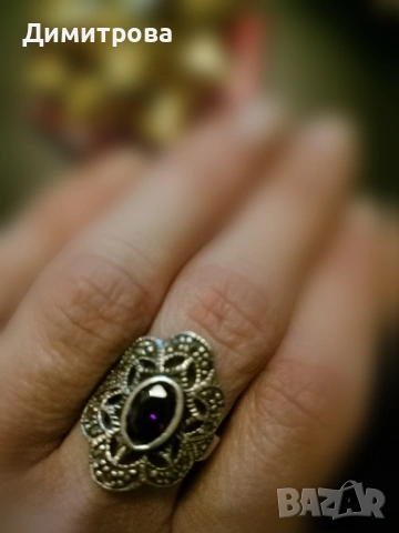 Сребърен пръстен с аметист и висулка Michael Cors, снимка 3 - Пръстени - 53927164