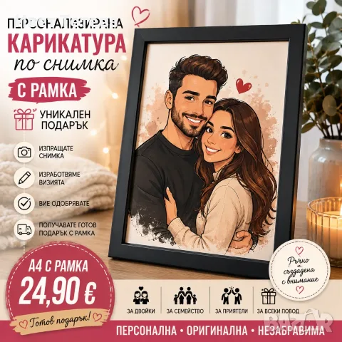 Персонализирана карикатура по снимка с рамка – уникален подарък
