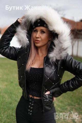 Дамско кожено яке с пухена качулка , снимка 2 - Якета - 53879260
