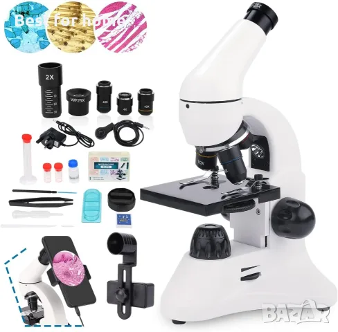 USCAMEL 40X-2000X микроскоп за деца, възрастни, ученици, с комплект препарати, професионален 