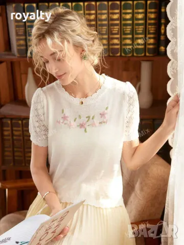 Блуза във френски стил с флорална бродерия 🍋, снимка 5 - Блузи с дълъг ръкав и пуловери - 49206084