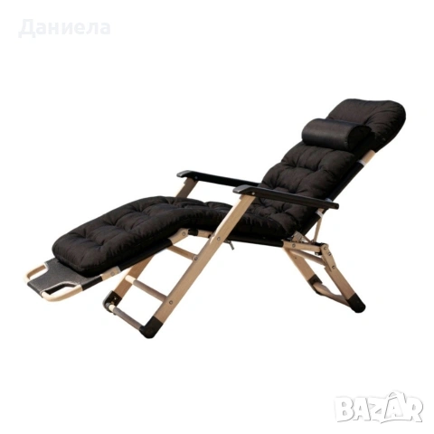 Луксозен градински шезлонг, сгъваем, със златиста рамка и черно ватирана възглавница, снимка 4 - Градински мебели, декорация  - 53891266
