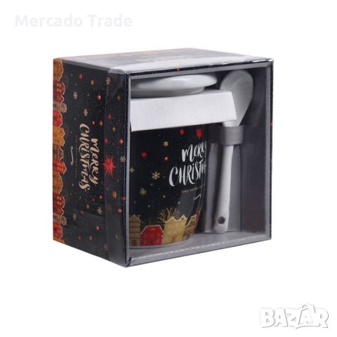 Комплект коледна чаша Mercado Trade, С капак и лъжица, Весела коледа, 350мл., Черен, снимка 3 - Чаши - 42925021