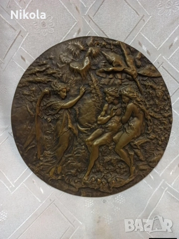 Антикварна масивна бронзова релефна плоча-барелеф изобразяваща Адам Ева, снимка 3 - Антикварни и старинни предмети - 53122373
