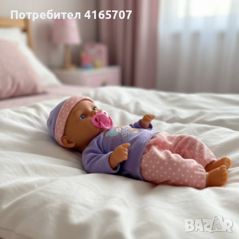 Легнало бебе с биберон и 10 звука – нежна коледна играчка за грижа и обич Babylove, снимка 3 - Кукли - 52816763