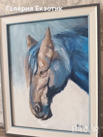 Маслена картина "Синьо конче" с авторско стихче към нея, снимка 3 - Картини - 54152554