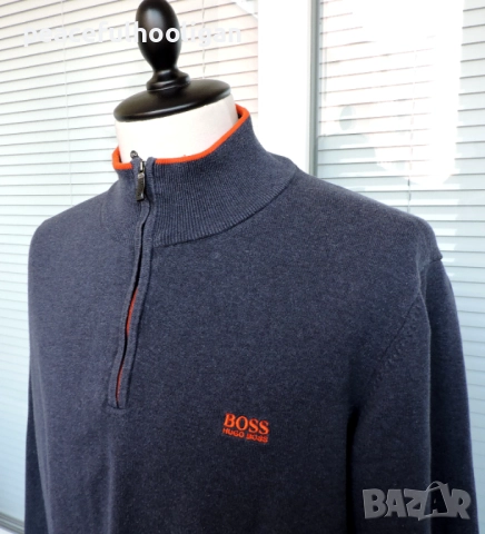 Hugo Boss Mens Navy Blue 1/4 Zip Long Sleeve Cotton Jumper Pullover Size XL /XXL, снимка 3 - Пуловери - 52949296