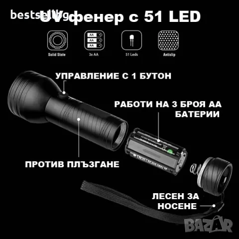 Мощен UV фенер лампа ултравиолетова светлина ув фенерче за камък смола, снимка 6 - Къмпинг осветление - 48142461