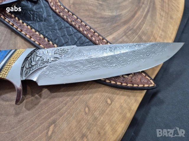 Ръчно изработен ловен нож дамаска стомана с кожена кания LN432, снимка 6 - Ножове - 52943469