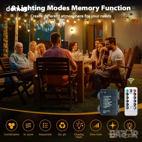 DSLebeen 9 м Водоустойчиви феерични светлини,захранвани с батерии,12 бр G60 LED крушки,дистанционно, снимка 7 - Лед осветление - 49244034