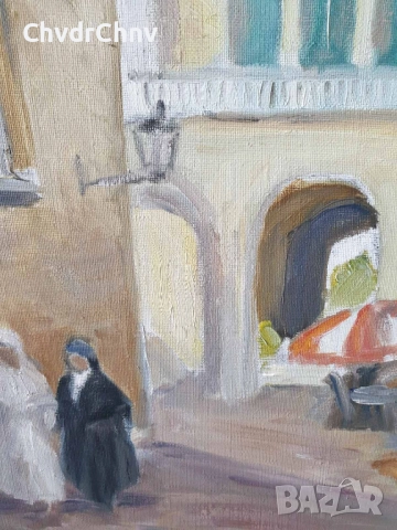 Nilsson 54х46см/шведска стара картина масло върху платно/градски пейзаж/жени-монахини/дървена рамка, снимка 3 - Картини - 51535073