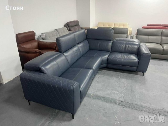 Син ъглов кожен диван с електрически релаксиращ механизъм, снимка 6 - Дивани и мека мебел - 39711931