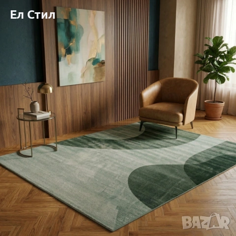 Модерен килим за хол 120х160см - Зелени вълни на светъл фон и 3D ефект, Противоплъзгащ, снимка 4 - Килими - 53928371