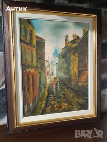 Красива Стара Картина Уличен Пейзаж Живопис Маслени Бои на Платно, снимка 11 - Антикварни и старинни предмети - 52908859