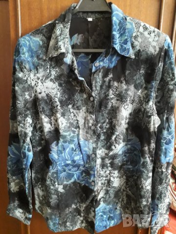 Дамска риза дълъг ръкав синьо и сиво