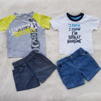 Дънкови къси панталони и тениски за бебе 6-9 месеца, снимка 2 - Комплекти за бебе - 36541083